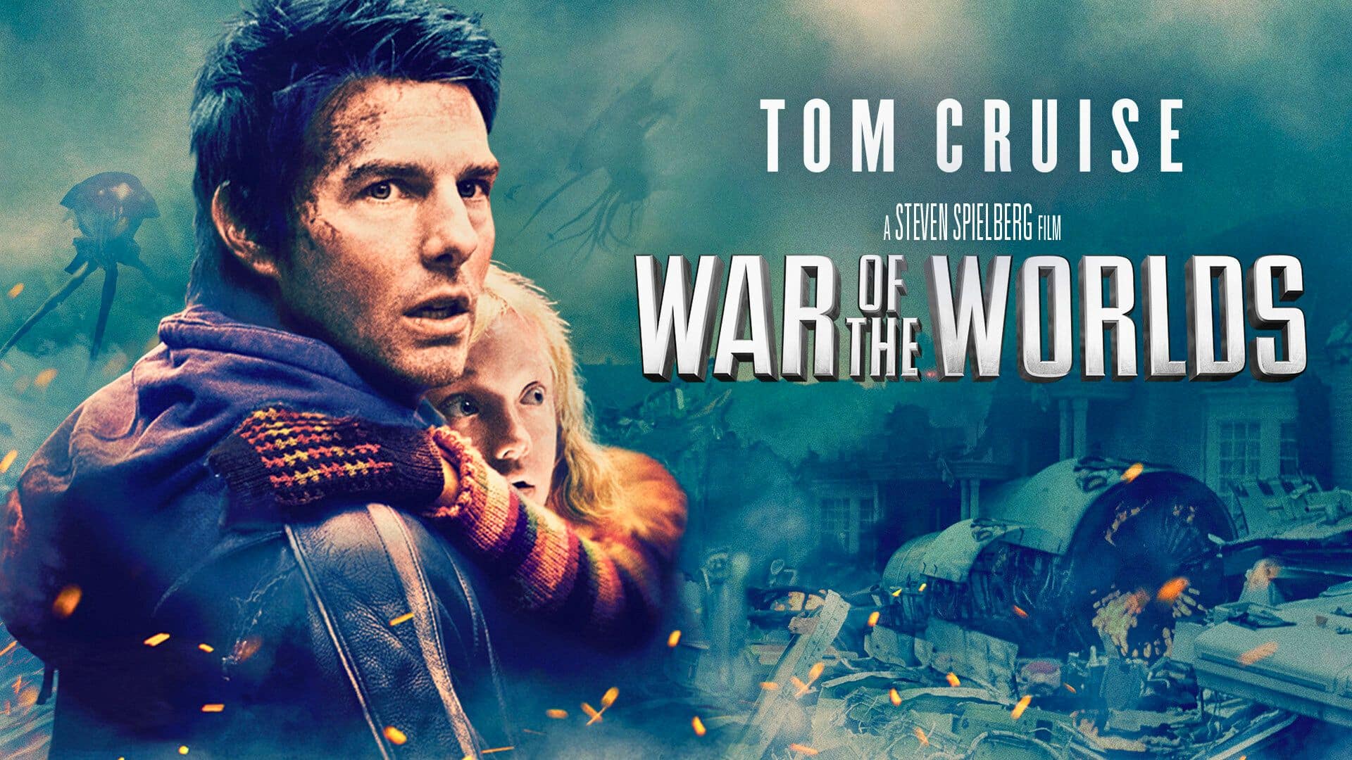 Man carrying child amid wreckage with alien machine in background,