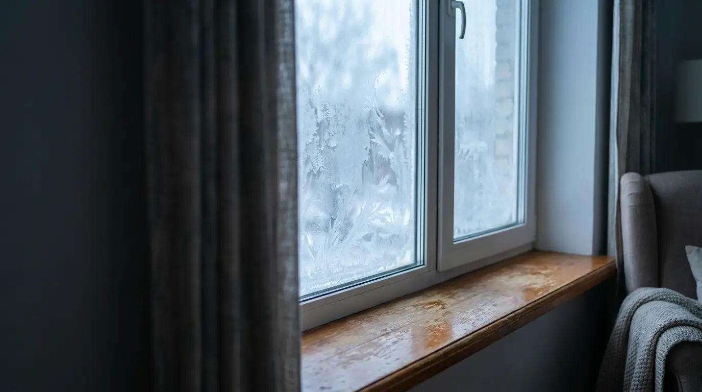 Frosted window pane in cozy room with gray curtains and wooden windowsill