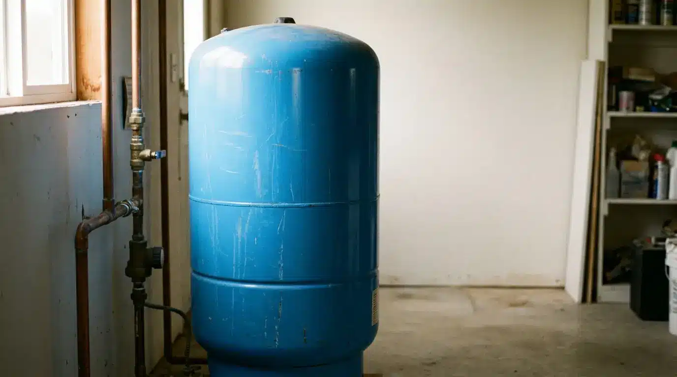 Blue pressure tank with copper pipes in a utility room with shelves in the background