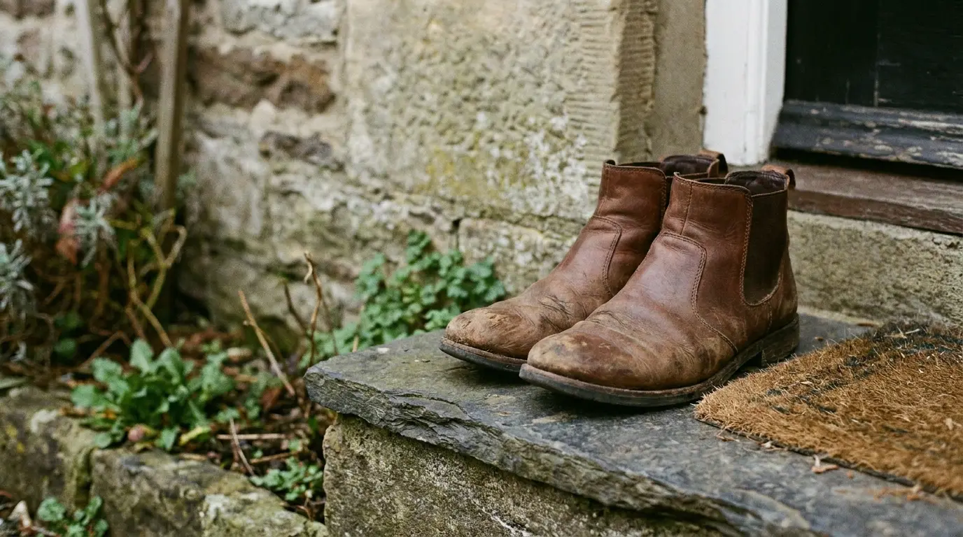 Worn brown leather boots on stone step beside doormat in rustic outdoor setting