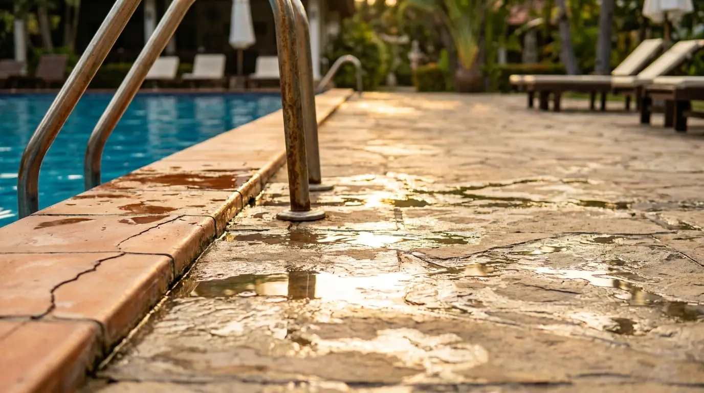 Poolside with metal ladder and wet stone tiles at sunset
