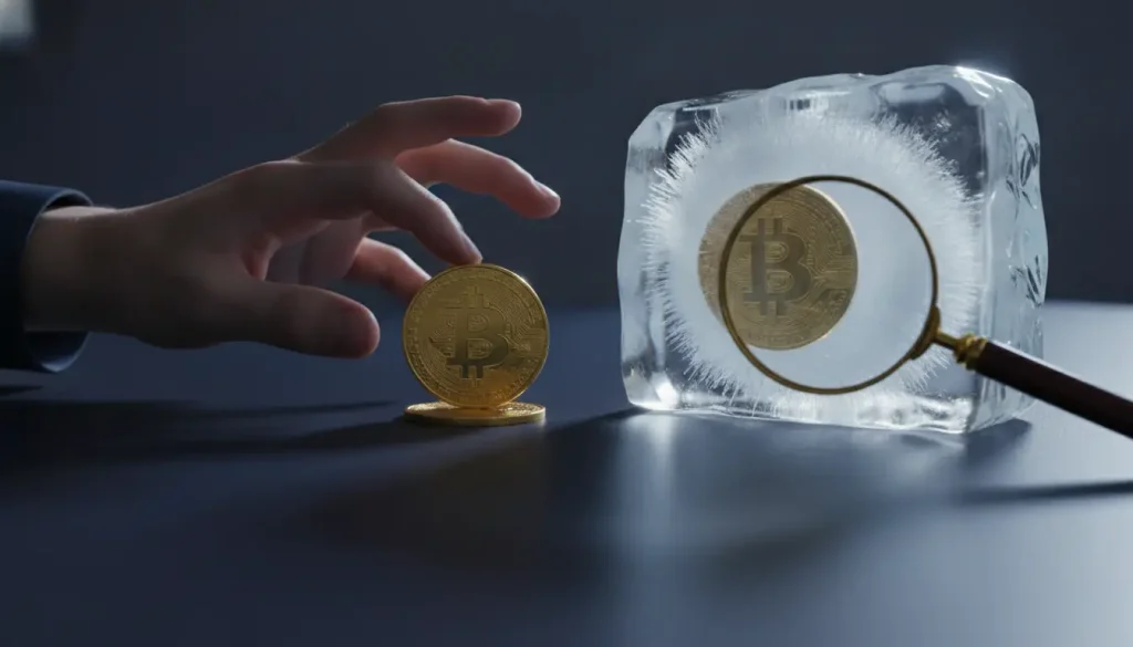 Gold Bitcoin and magnifying glass on ice block with hand reaching on dark table