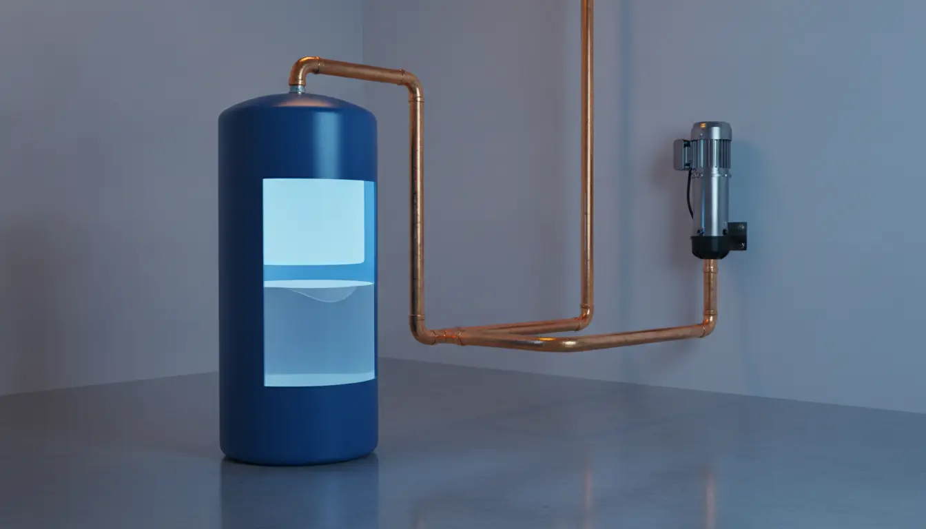Blue water tank with copper pipes and pump in industrial setting with cool lighting