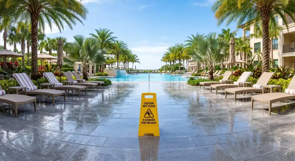 Poolside loungers and palm trees with wet floor sign on tile walkway