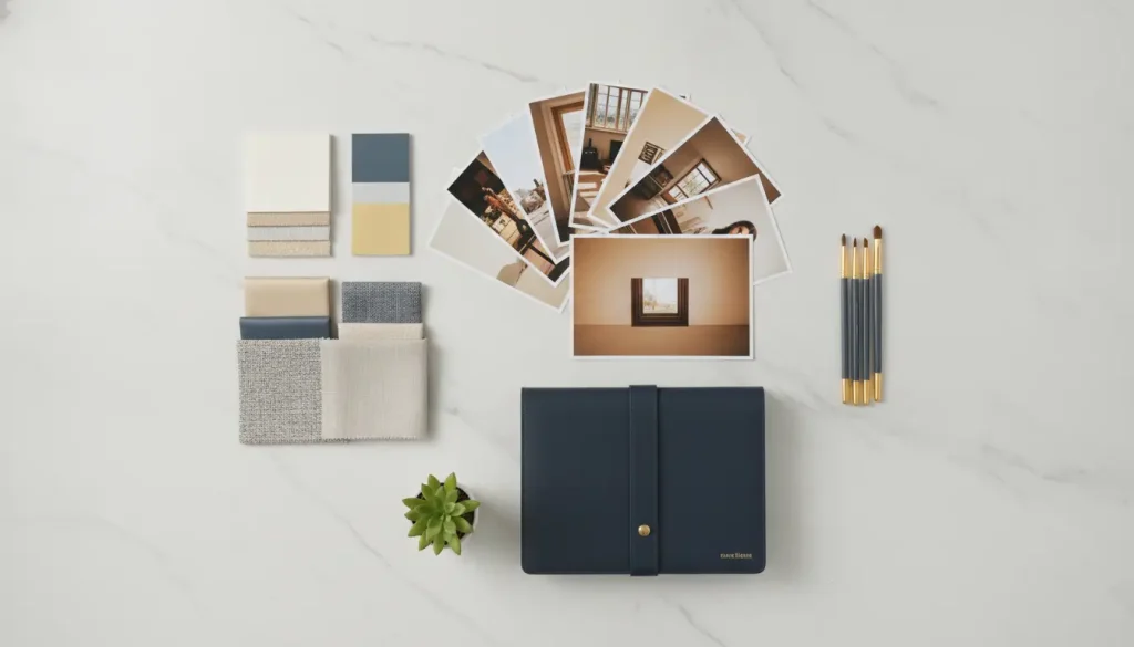 Interior design mood board with fabric swatches, color samples, and photographs on white marble surface