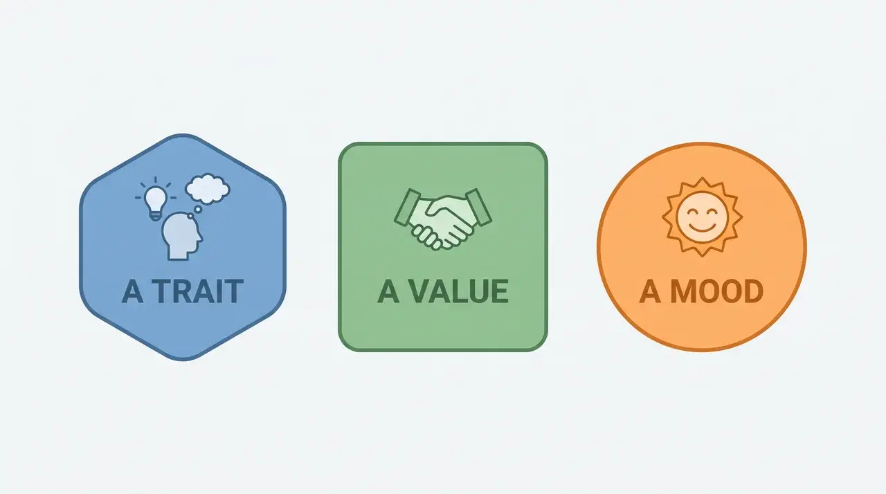 Diagram distinguishing a trait, a value, and a mood as separate concepts