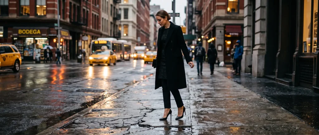 Woman in black coat walking on wet city street with taxi cabs in background