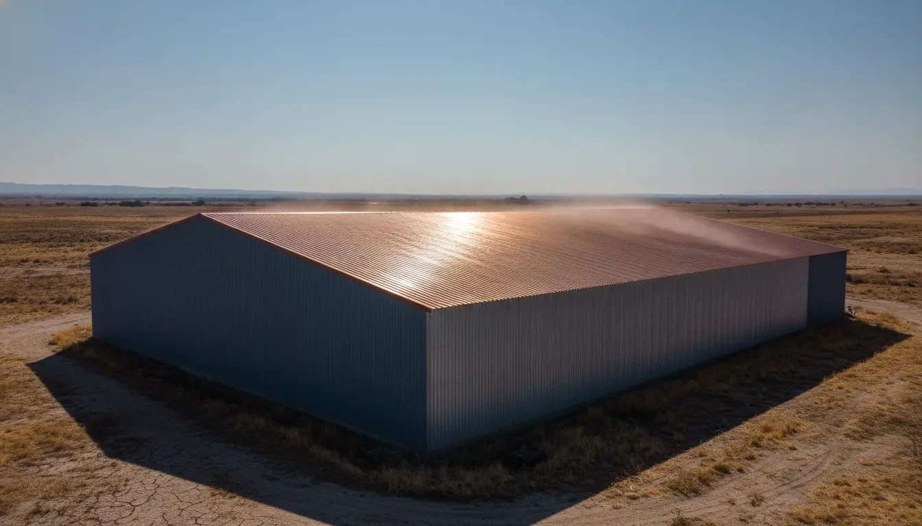 Large metal warehouse with a ribbed roof in a barren rural landscape under bright sky