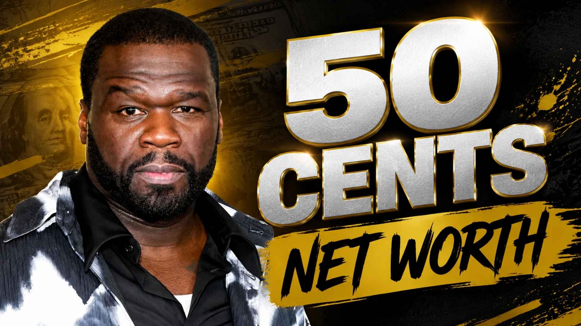 Promotional graphic showing 50 cents portrait beside large fifty cents text with a dark gold background and money details