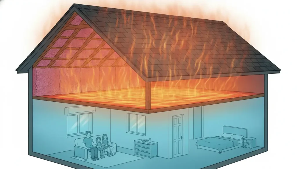 Cross-section of house showing attic fire above living room and bedroom