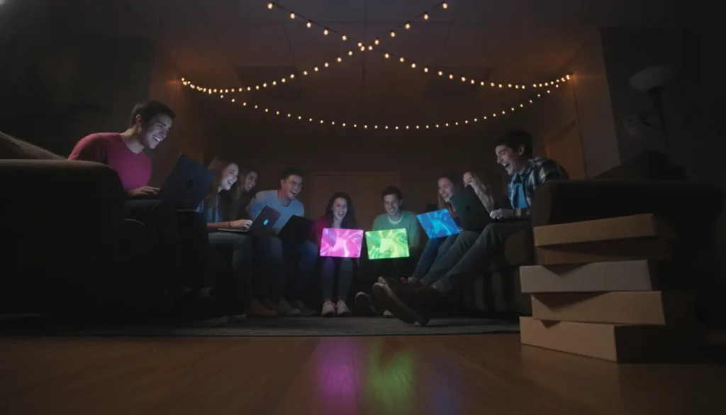 Group of friends using laptops in dimly lit room with string lights overhead