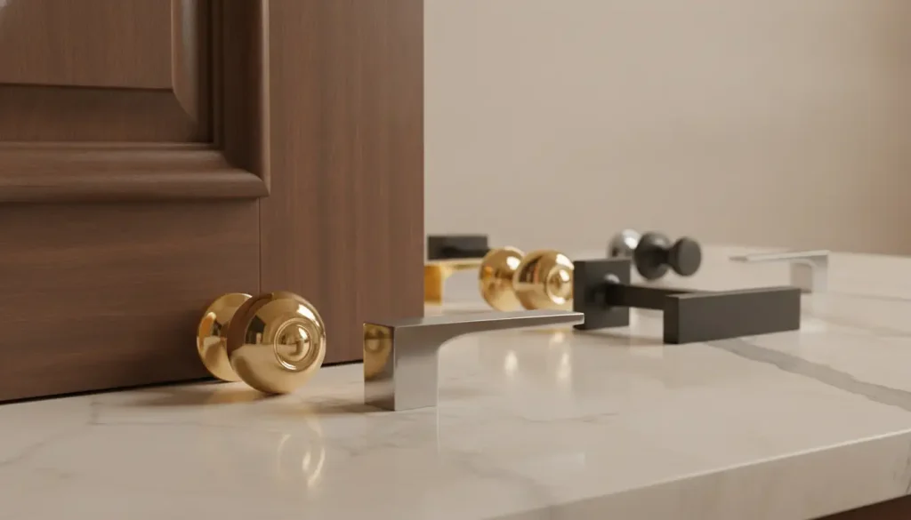 Wooden cabinet door with various modern metal knobs and handles on marble surface
