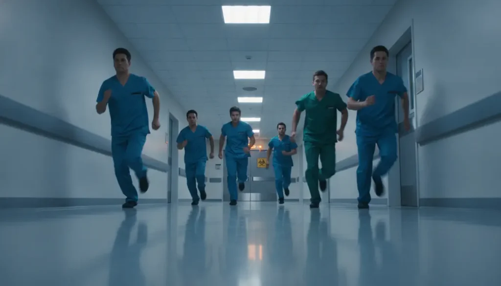 Medical professionals in scrubs running down a hospital hallway with overhead lighting