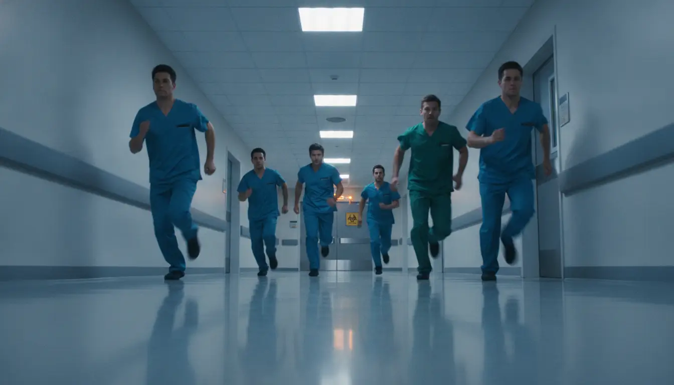 Medical professionals in scrubs running down a hospital hallway with overhead lighting