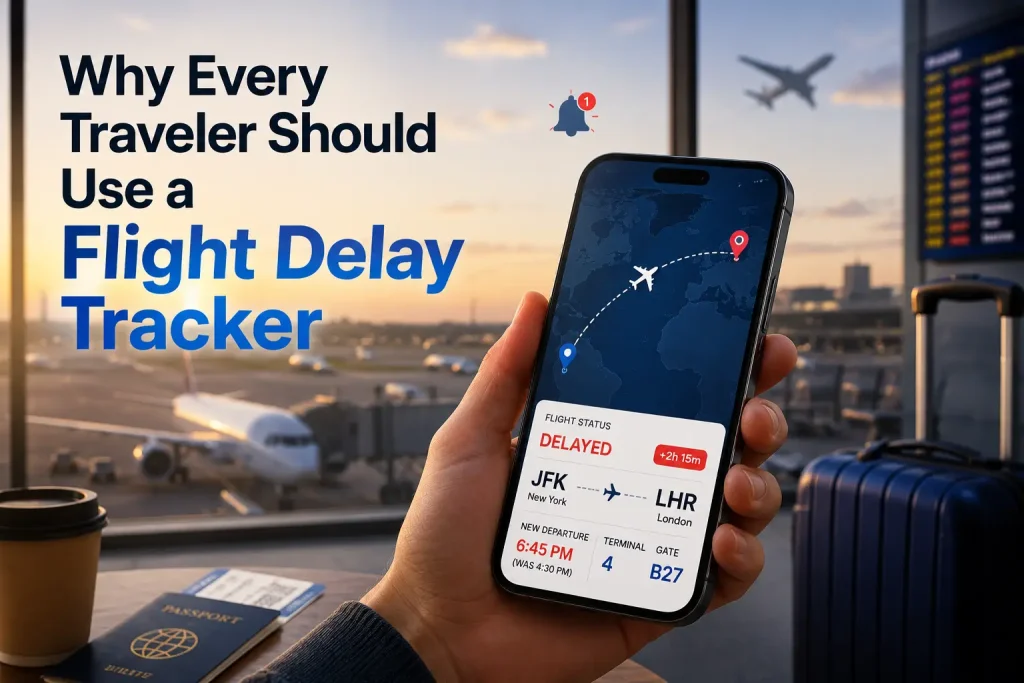 Hand holding smartphone displaying flight delay tracker at airport terminal during sunset