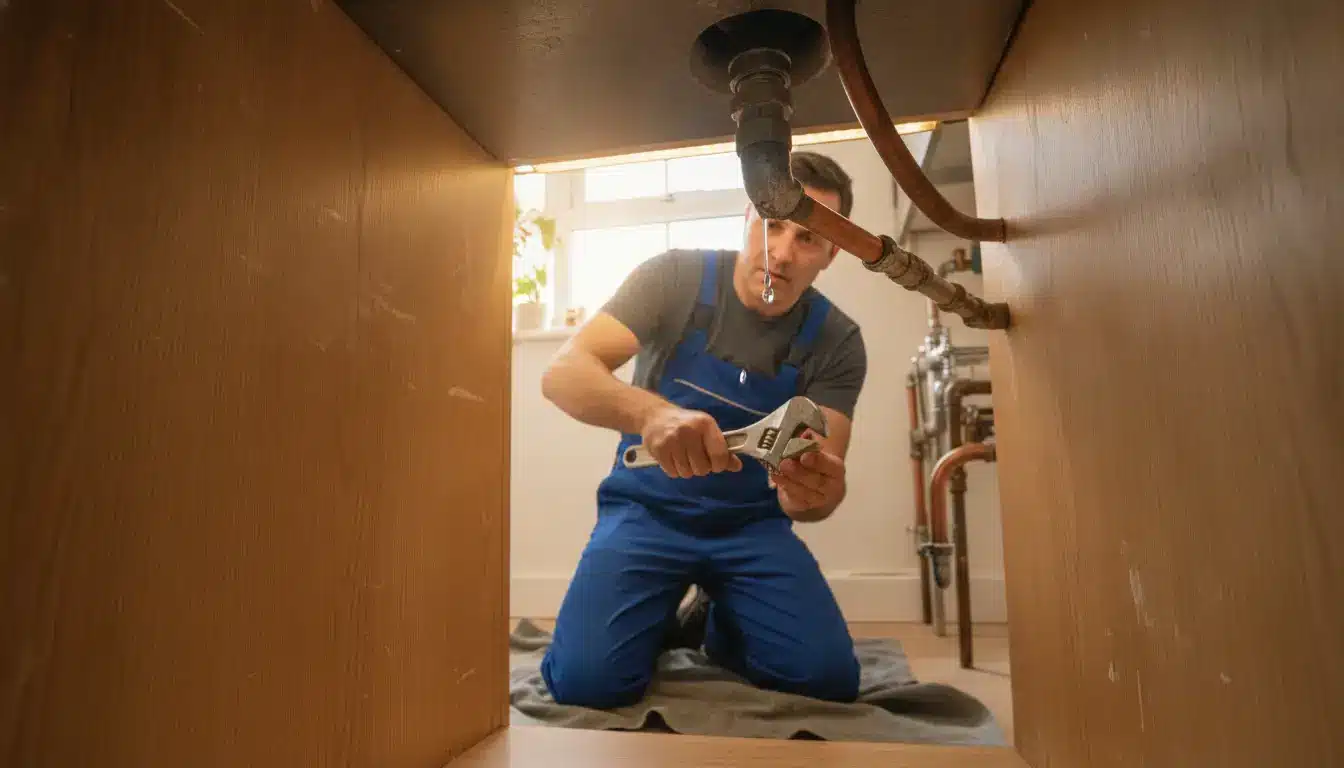 Plumber in blue overalls fixing leaky pipe under kitchen sink with wrench