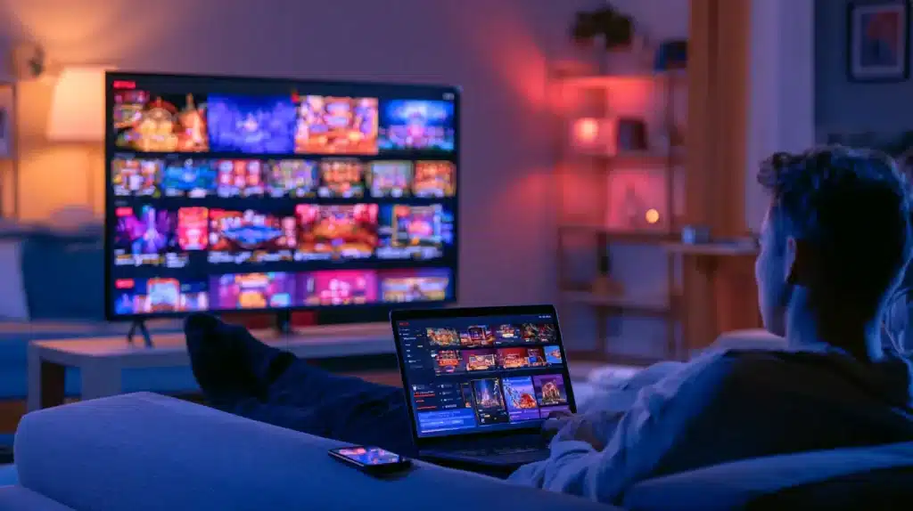 Person watching streaming service on laptop with TV in cozy dimly lit living room