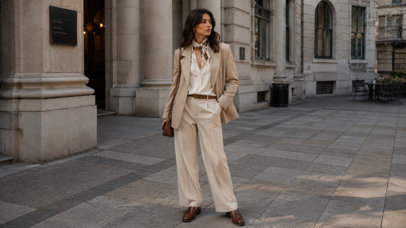 Woman in a beige blazer, cream shirt, and silk scarf standing outside a stone university building