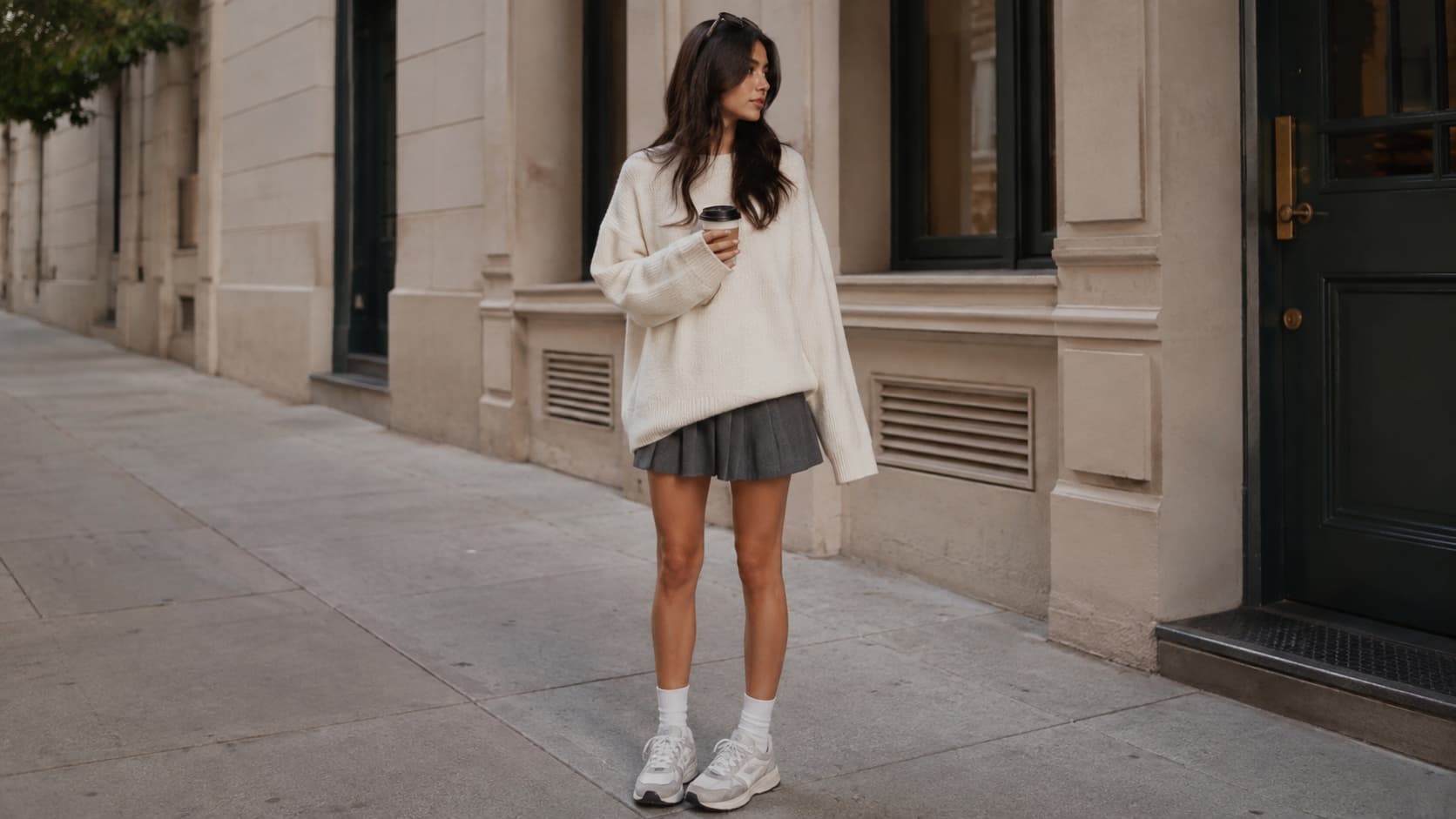Woman in an oversized white sweater and grey pleated mini skirt holding a coffee cup on a city sidewalk.