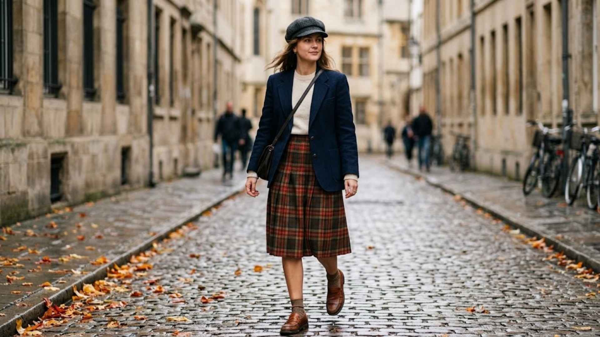 Woman wearing a navy blazer with a vintage plaid skirt and newsboy cap on a cobblestone street