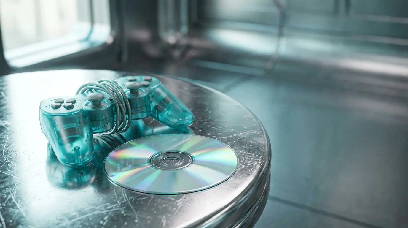 Transparent blue game controller and disc on reflective metal table in cool-toned room