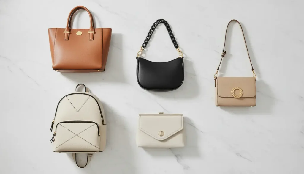 Five stylish handbags and purses arranged on a white marble surface