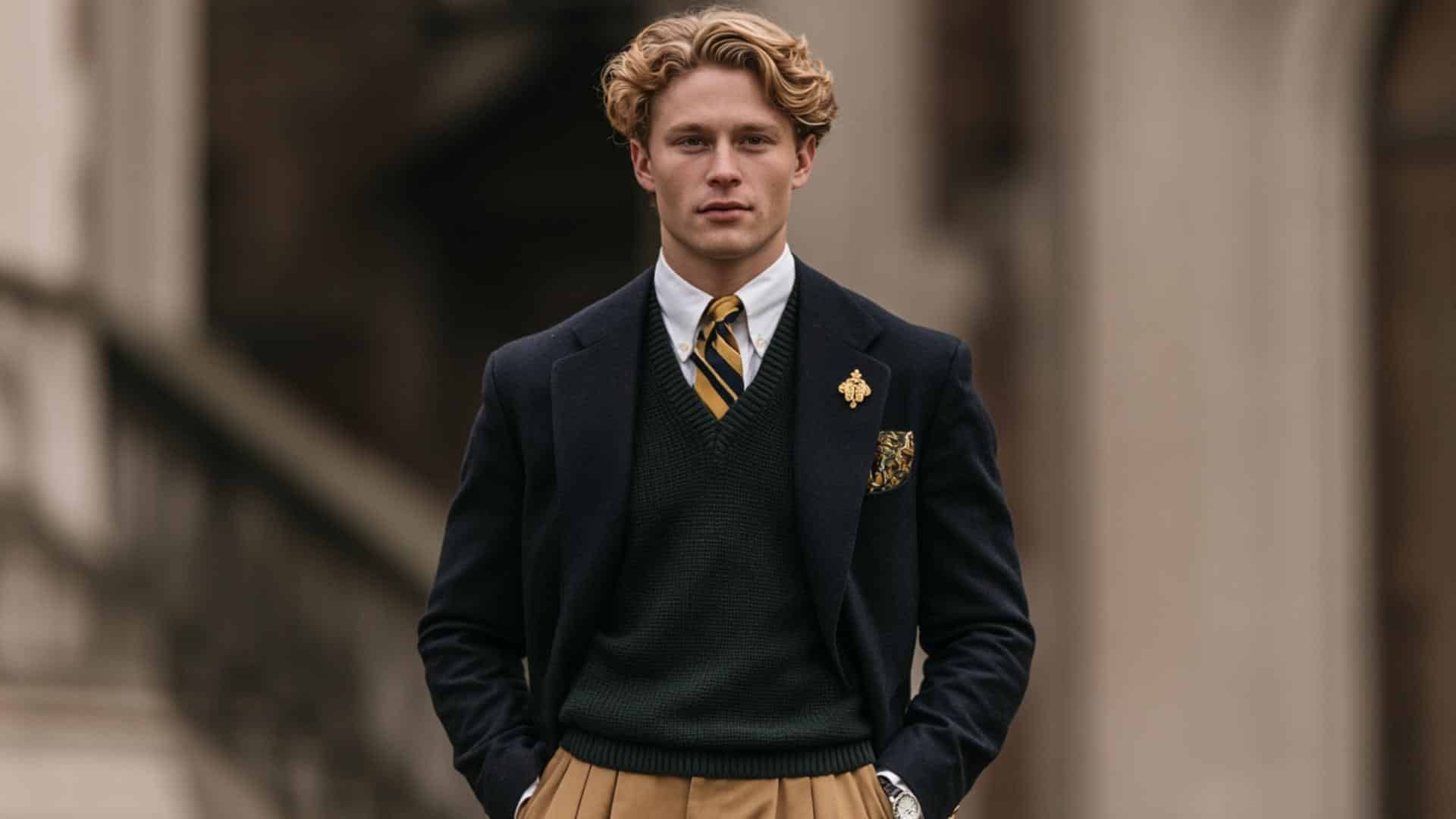 Young man with wavy blonde hair wearing a classic preppy outfit: a navy blazer, green sweater vest, striped tie, and khaki trousers.