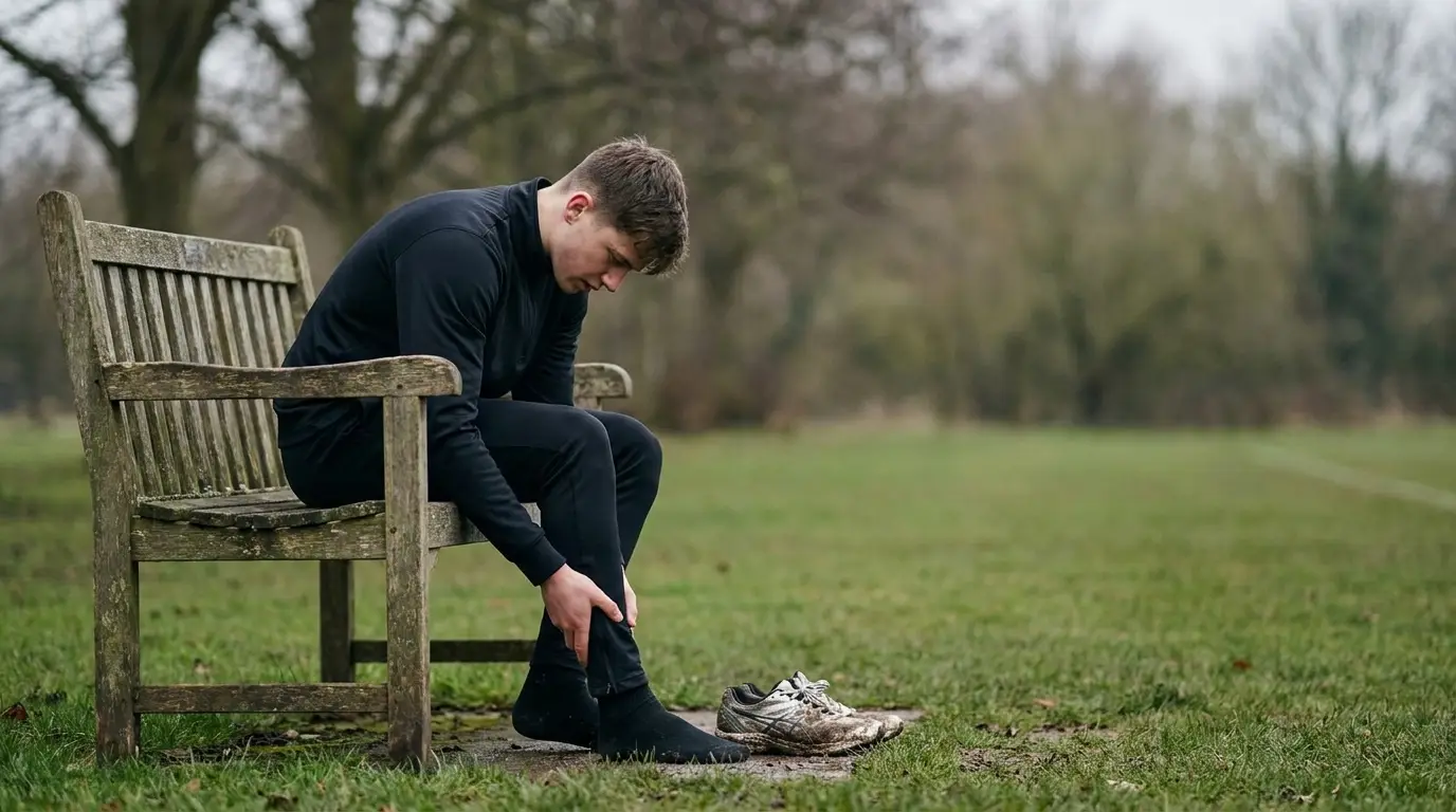 Man sitting on wooden bench in park putting on black socks near muddy shoes