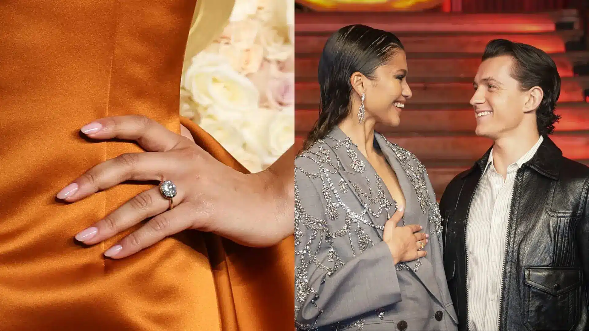 Zendaya wearing her east-west diamond engagement ring alongside a photo of her and Tom Holland smiling together