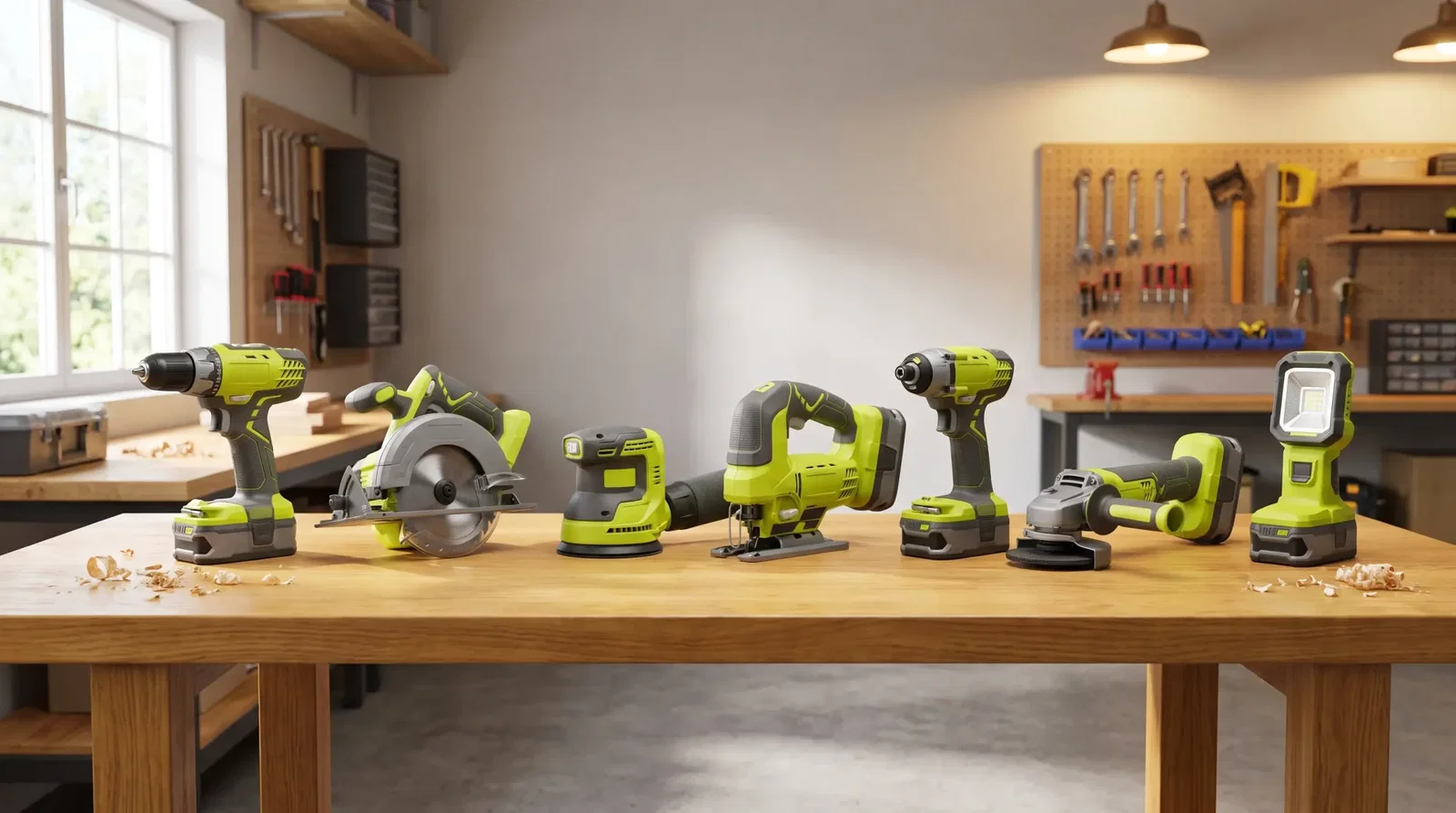 Power tools on wooden table in workshop with tools on pegboard in background