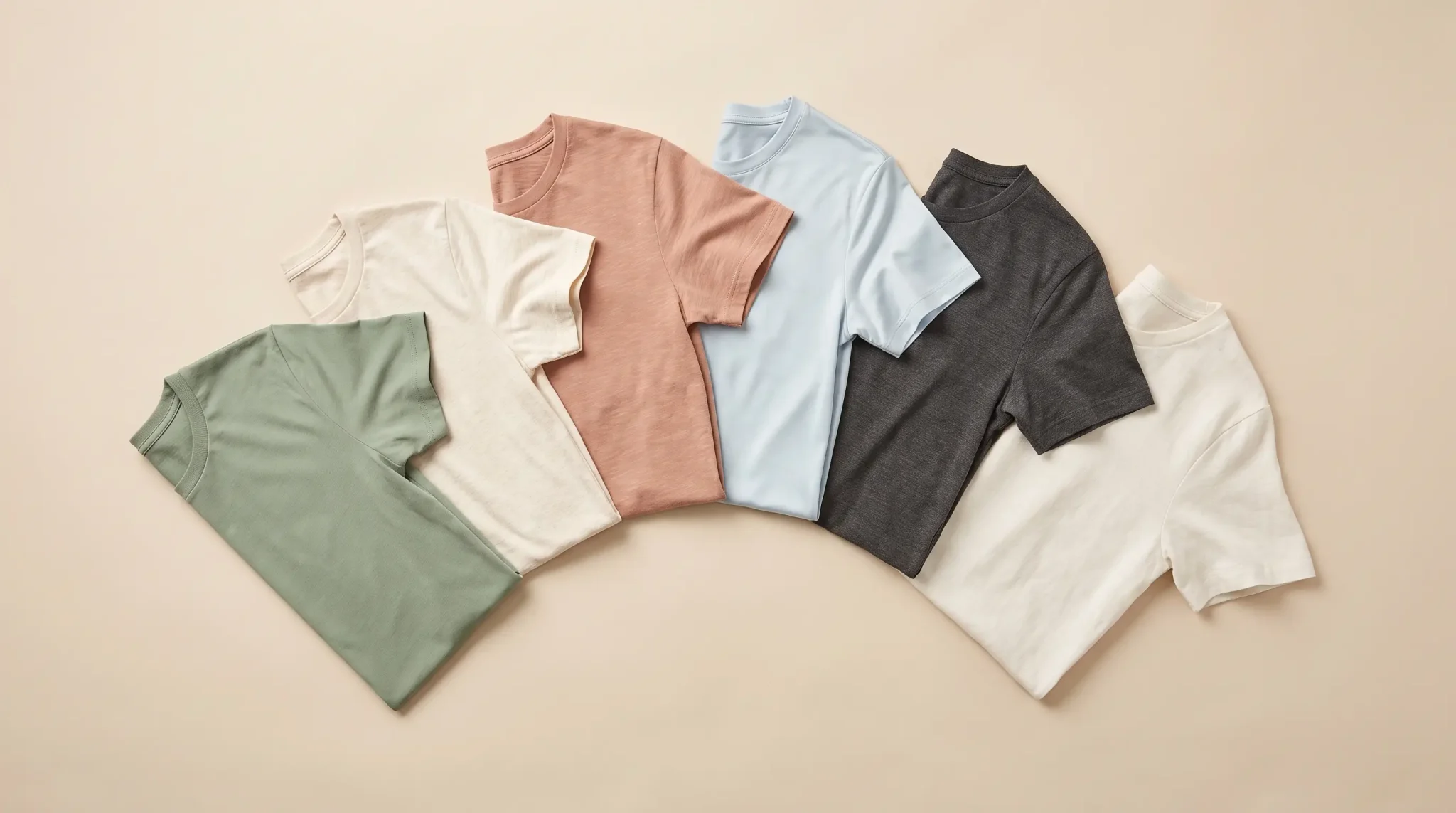 A row of folded t-shirts in pastel and neutral colors on beige background