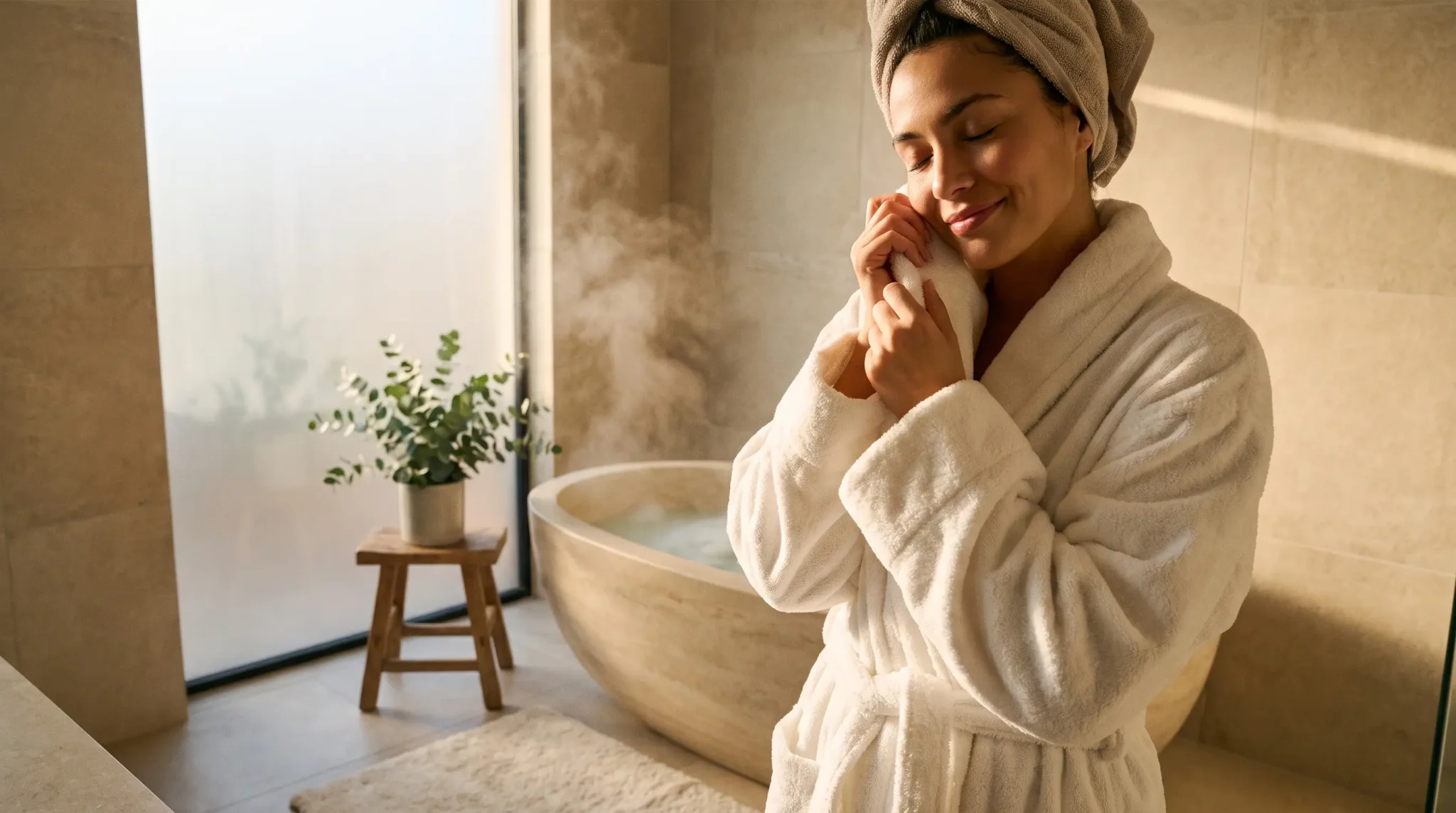 Person in white bathrobe enjoying spa moment in serene bathroom with stone bathtub and soft lighting