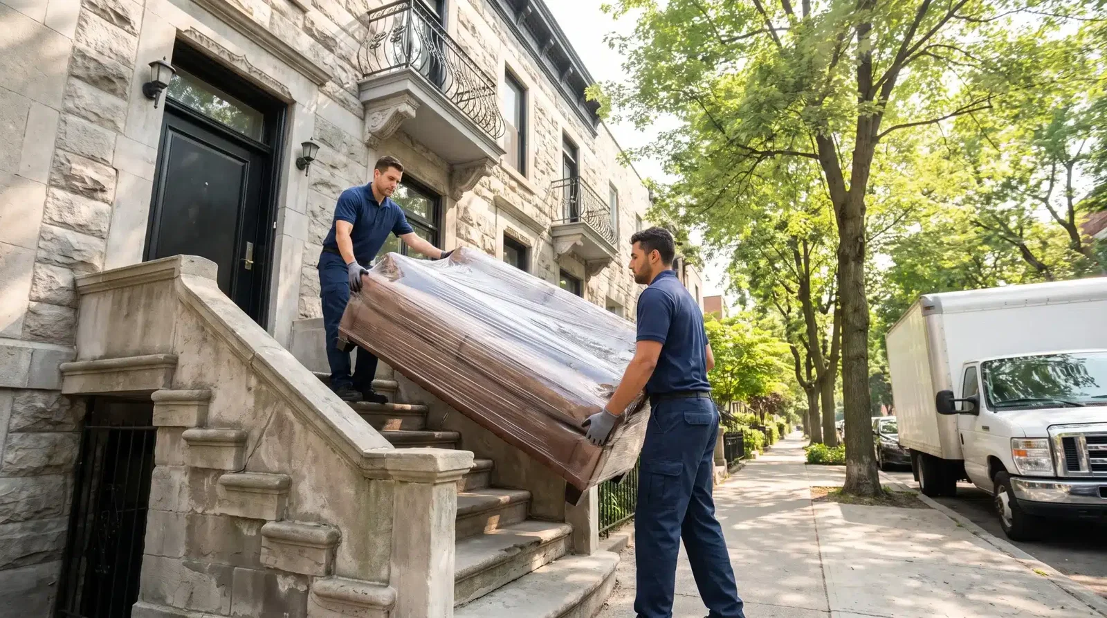 Two movers carrying a wrapped sofa up stone stairs outside an apartment building
