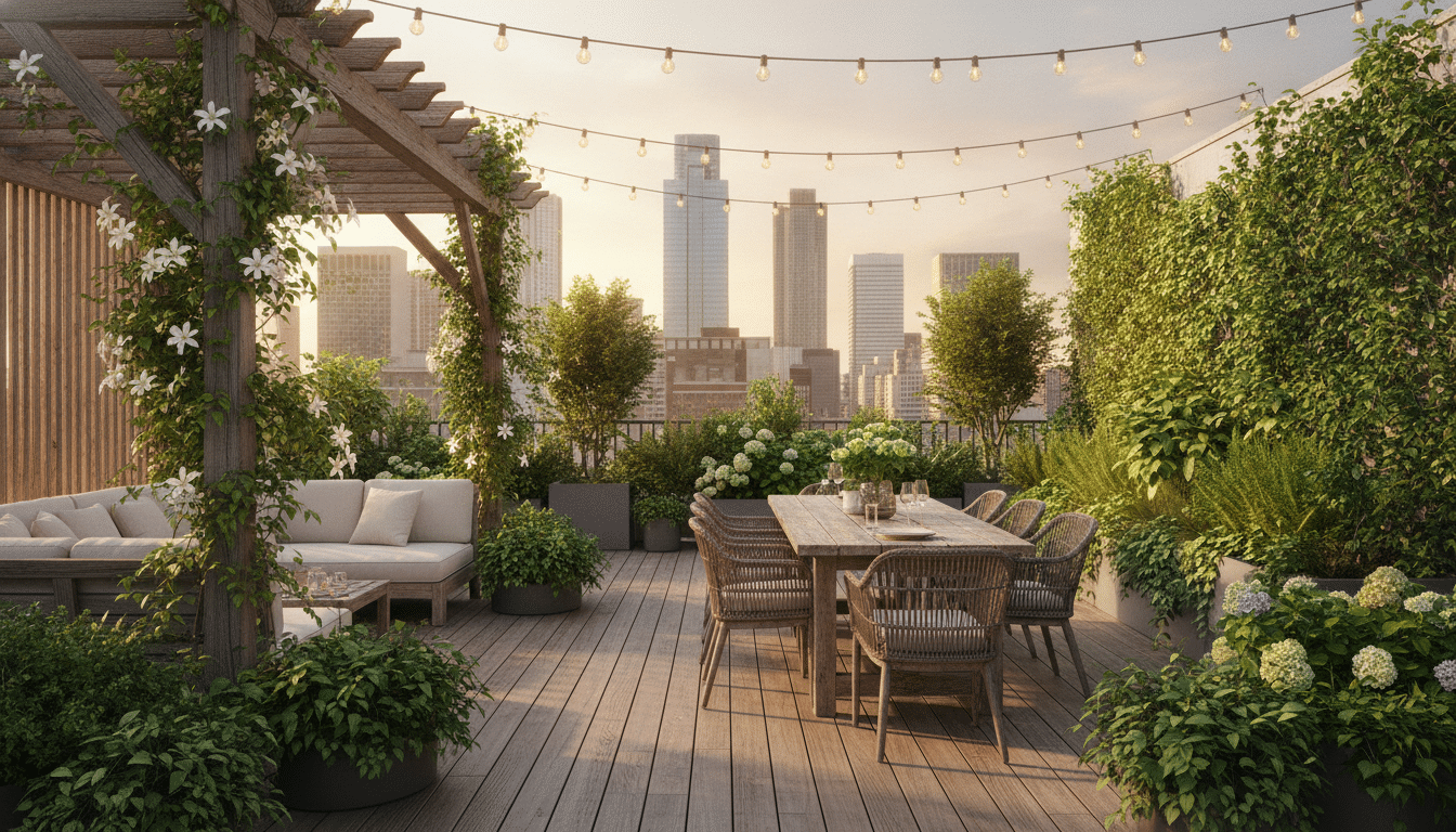 Rooftop terrace with wooden dining table, wicker chairs, pergola, lush greenery, and skyline view