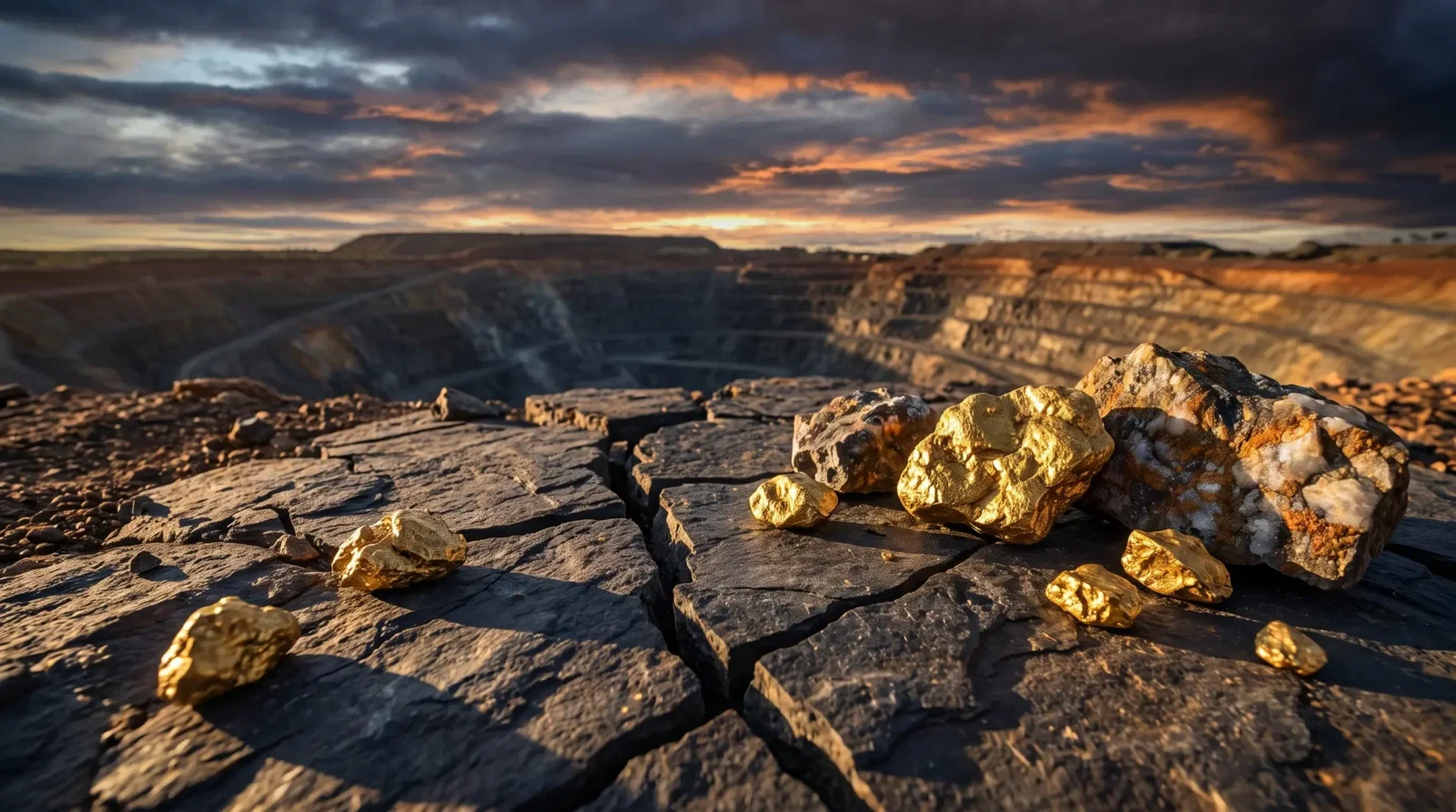 Gold nuggets resting on cracked rock surface at sunset in expansive open-pit mine