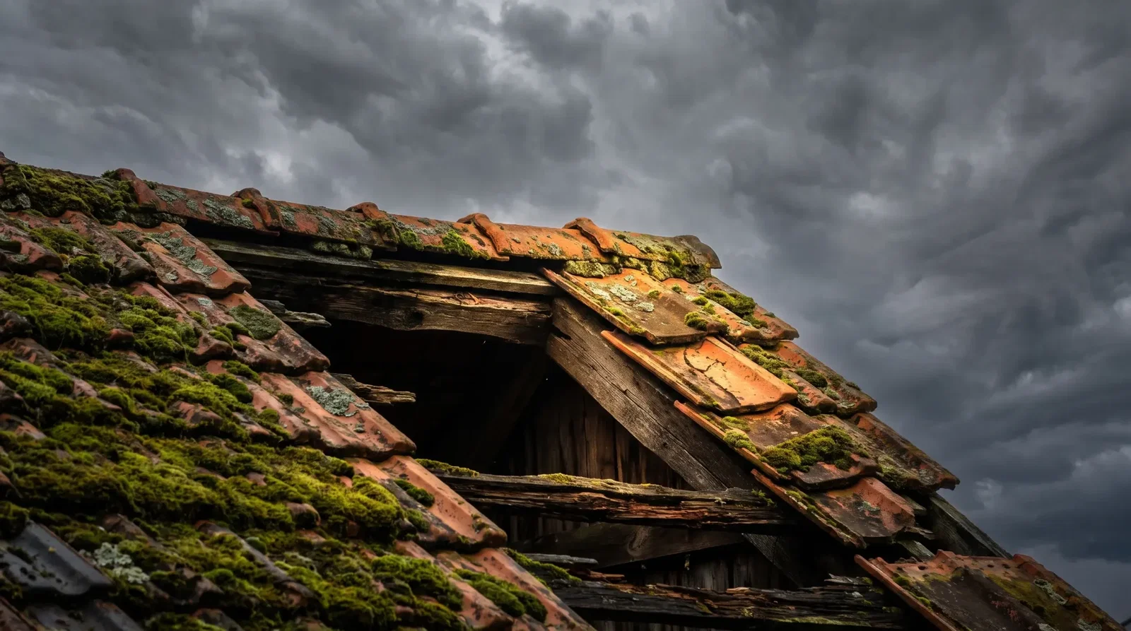 Old, weathered roof with moss-covered tiles under stormy sky