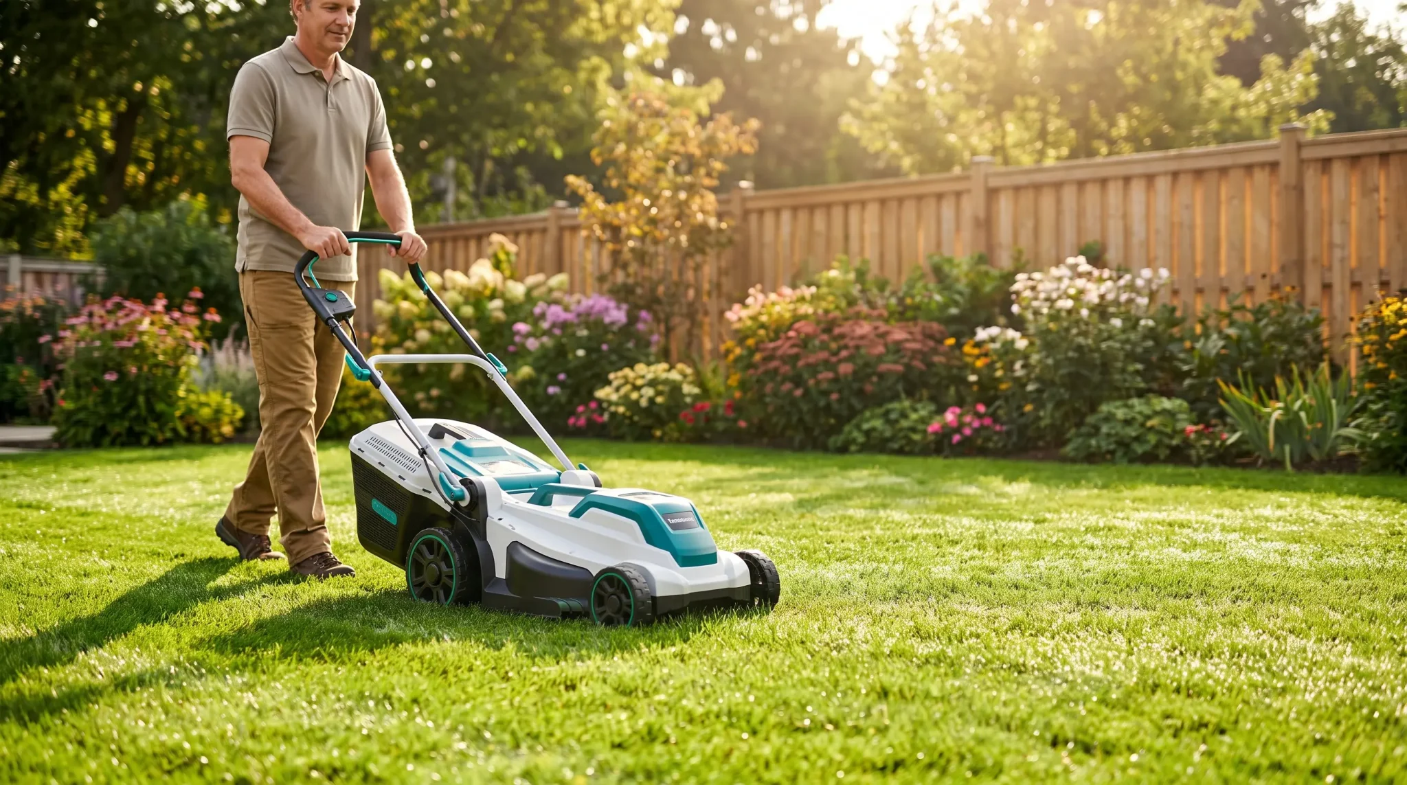 Man mowing lush green lawn with electric lawnmower in sunlit garden