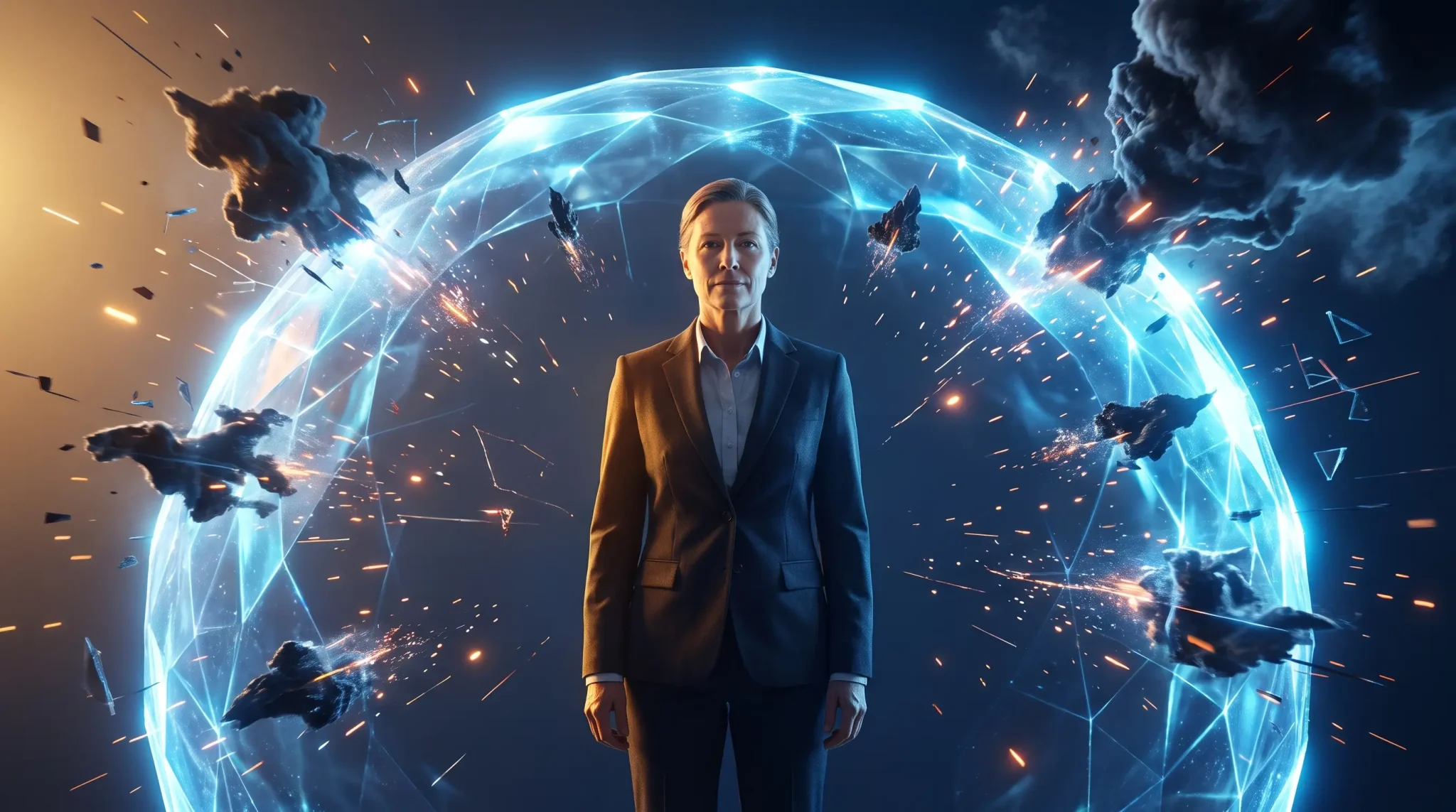 Person in formal suit standing inside translucent digital shield with floating debris and sparks