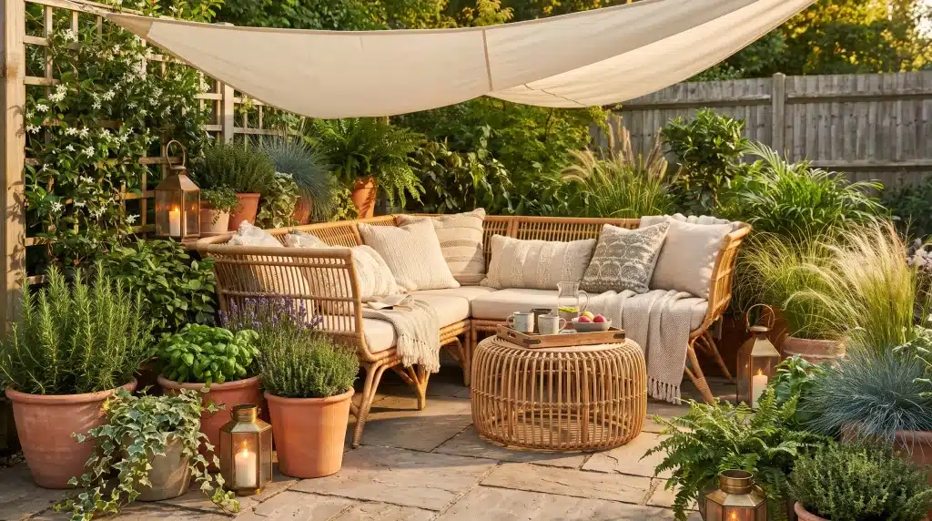 Outdoor patio with wicker furniture, potted plants, and beige canopy in sunlit garden setting