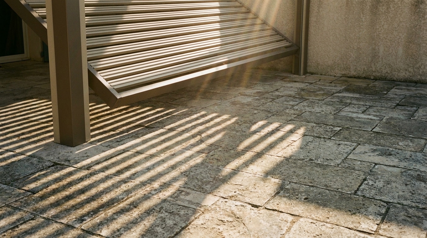 Metal awning casting striped shadows on stone patio in warm sunlight