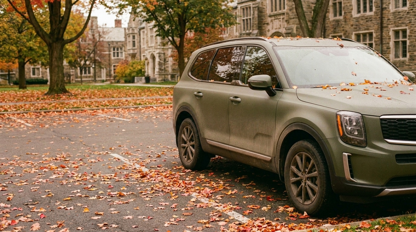 SUV parked on leaf-covered road near stone buildings and autumn trees
