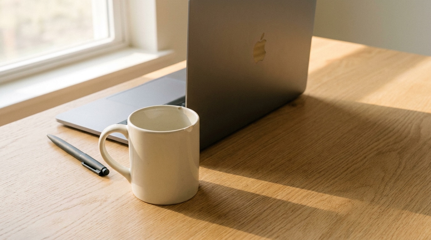 Laptop and white mug on wooden desk by sunlit window