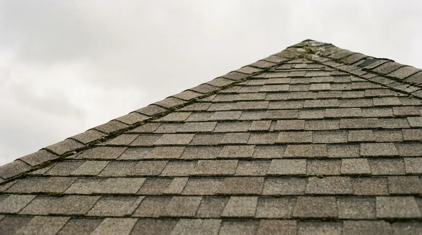 Close-up view of gray shingled rooftop under overcast sky