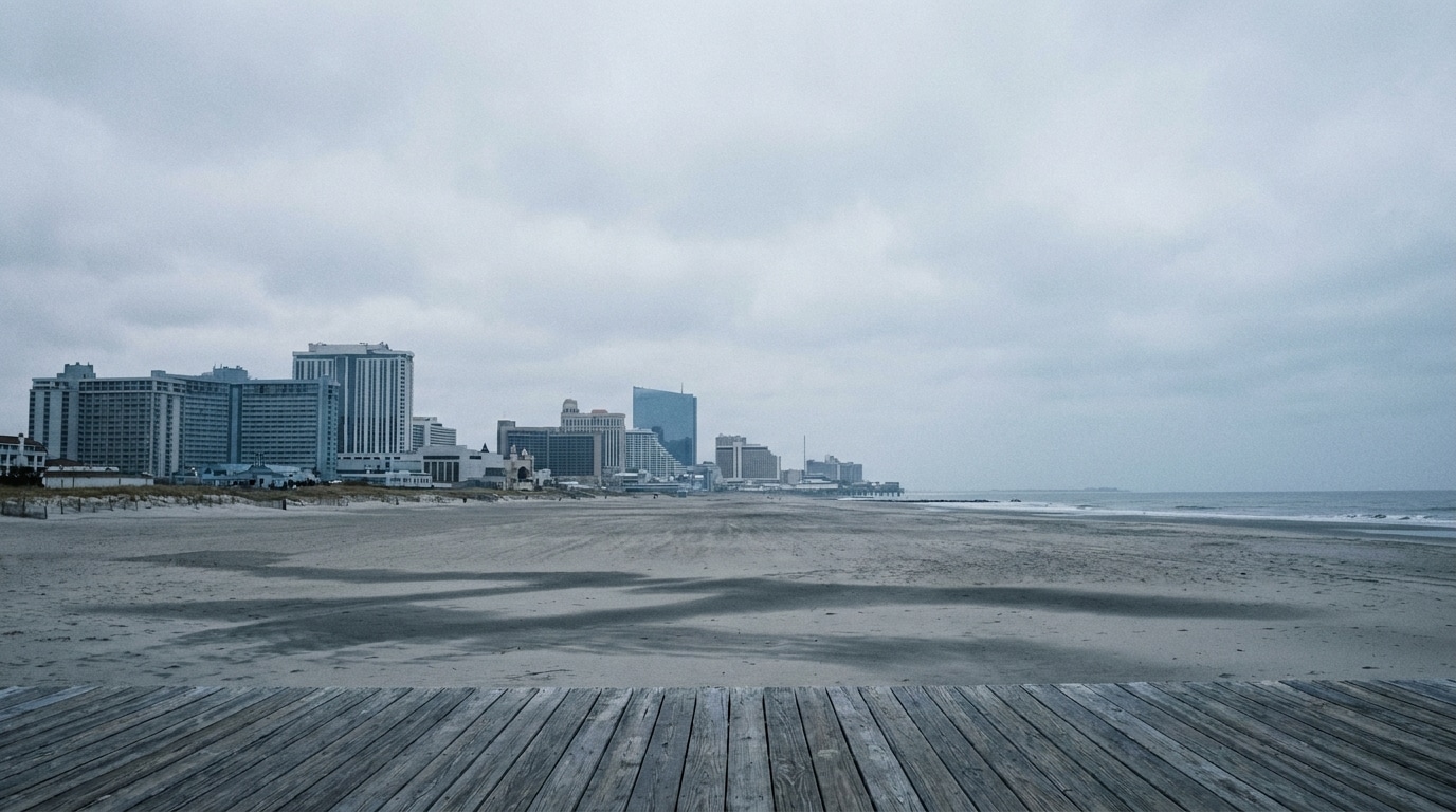 Empty beach with wooden boardwalk and distant city skyline under cloudy sky
