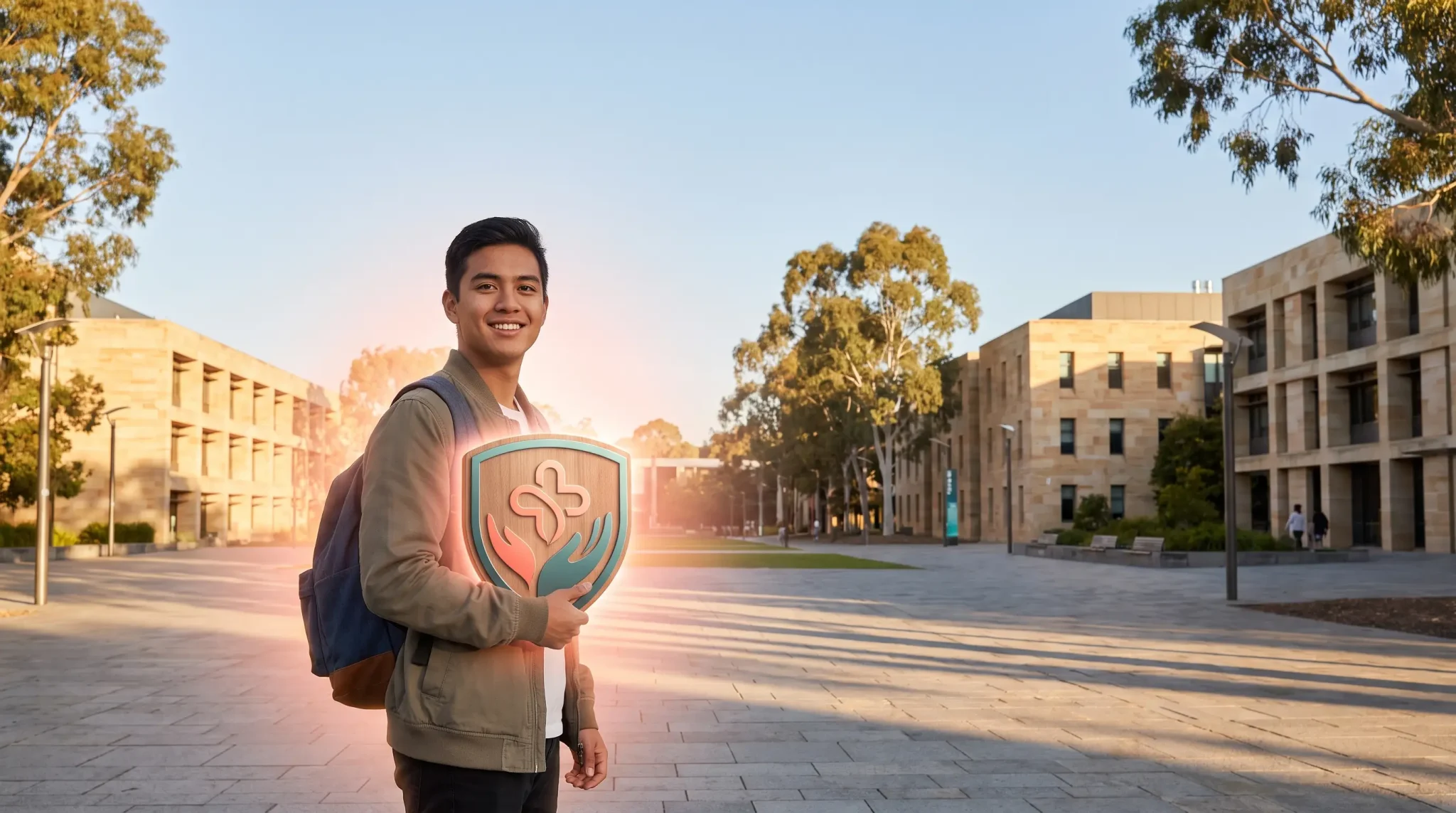 Person with backpack holding glowing shield in sunny university courtyard