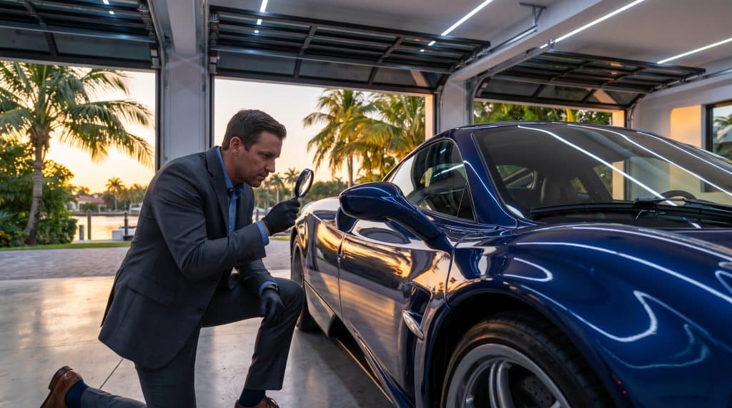 Man inspecting blue sports car with magnifying glass in luxury garage at sunset