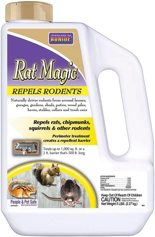 Container of Rat Magic rodent repellent with label detailing usage and ingredients