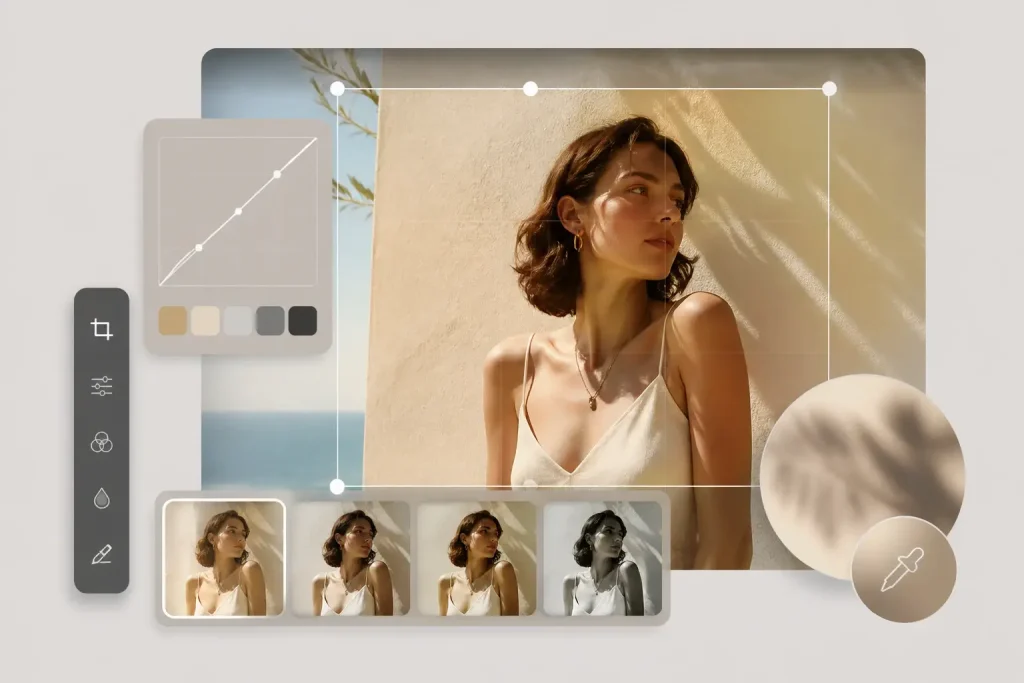 Photo editing software interface displaying woman in white top with color adjustment tools