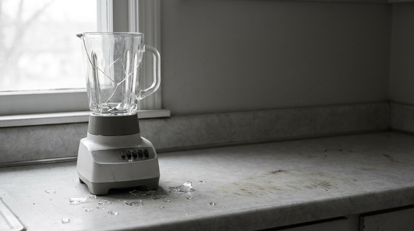 Broken blender on kitchen counter with glass pieces scattered around in low light setting