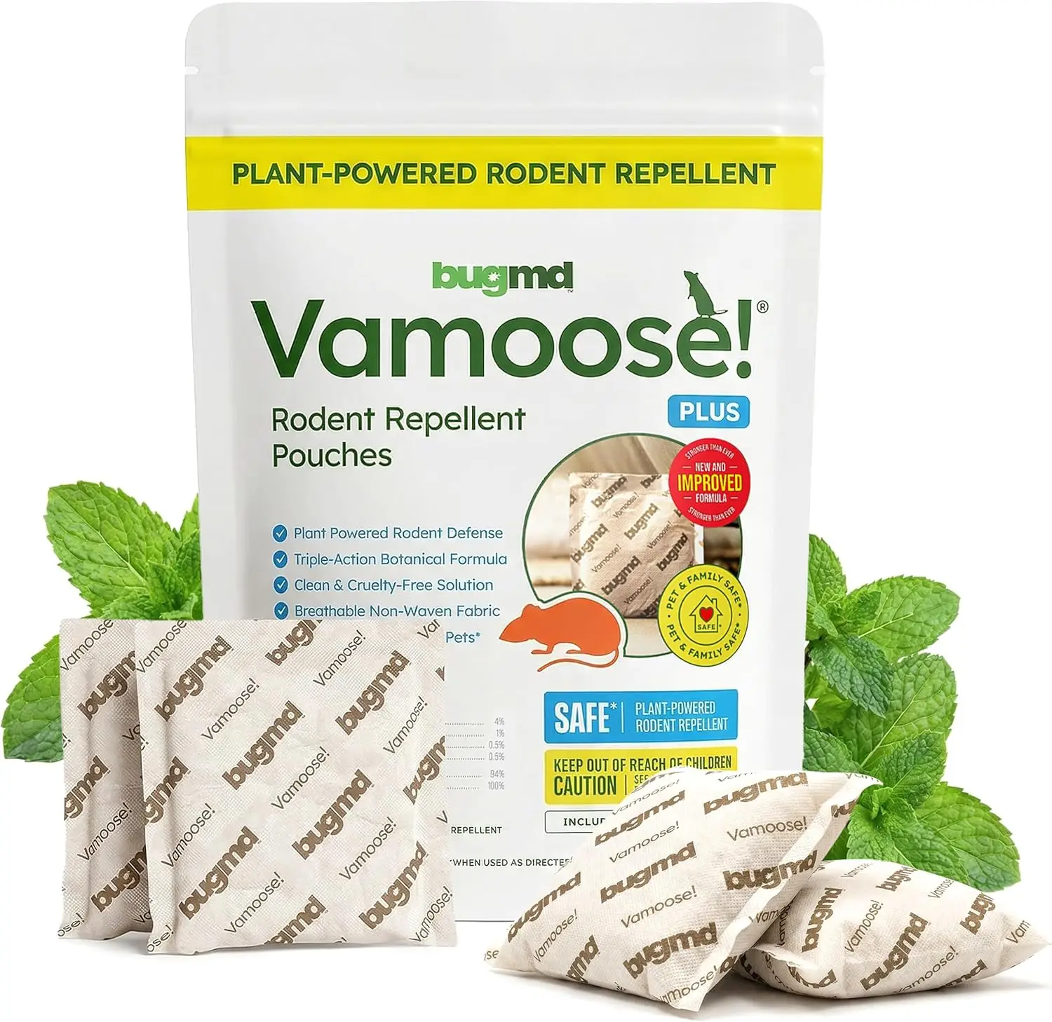 Rodent repellent pouches with herbal ingredients and branded packaging surrounded by fresh mint leaves